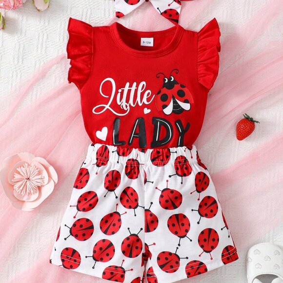 Ladybug Baby Girl Outfit | Little Lady 3PC Set 6 - 9M -3T Infant Summer Clothes - Picture 1 of 8